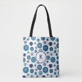 Chic Blauw Wit Grieks Kwaad Oog Monogram Tote Bag (Voorkant)