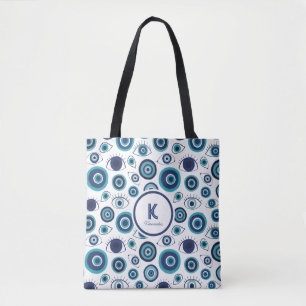 Chic Blauw Wit Grieks Kwaad Oog Monogram Tote Bag