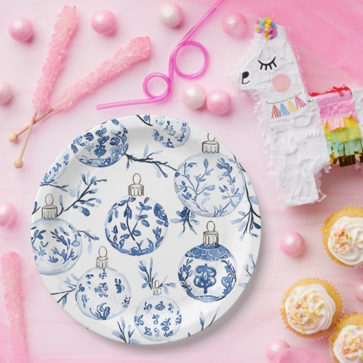 Chic Blauw Wit Kerst Ornamenten Papieren Bordje (Feest)