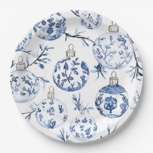 Chic Blauw Wit Kerst Ornamenten Papieren Bordje