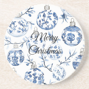 Chic Blauw Wit Kerst Ornamenten Zandsteen Onderzetter