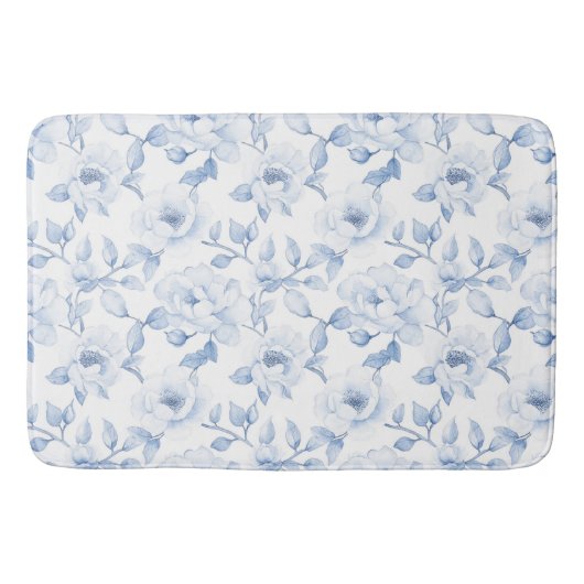 Chic Blauw Witte Bloemen Badmat (Voorkant)