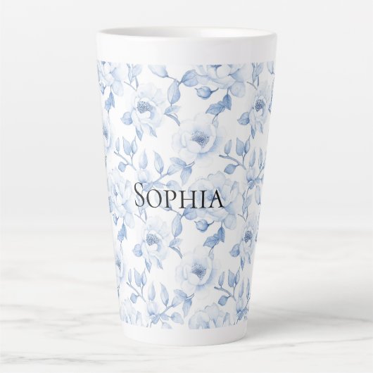 Chic Blauw Witte Bloemen Latte Mok (Voorkant)