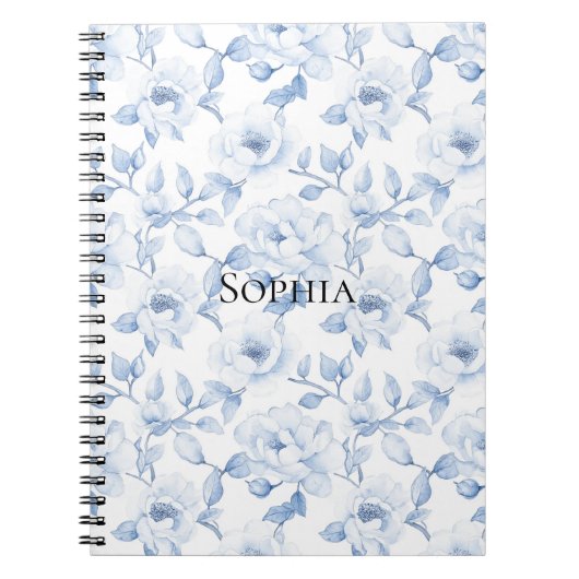 Chic Blauw Witte Bloemen Notitieboek (Voorkant)