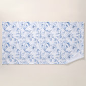 Chic Blauw Witte Bloemen Strandlaken (Voorkant)
