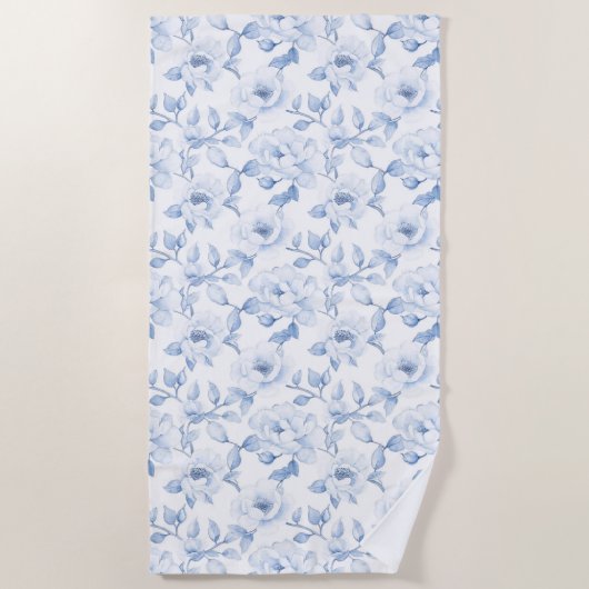 Chic Blauw Witte Bloemen Strandlaken (Voorkant)