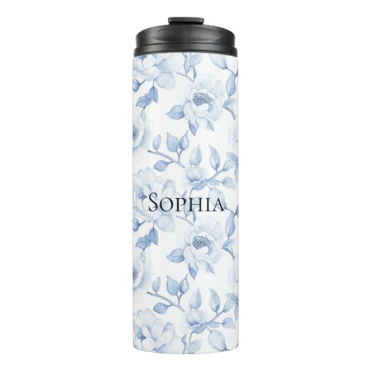 Chic Blauw Witte Bloemen Thermosbeker (Voorkant)