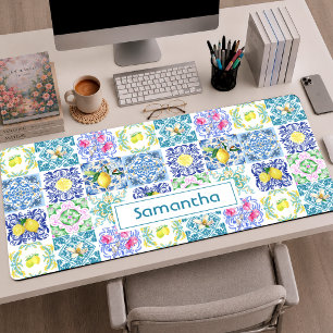 Chic Blauw Witte Siciliaanse Tegel Citroen Patroon Bureaumat