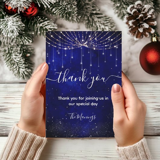 Chic blauw zilver faux glitter lichten dank u kaart