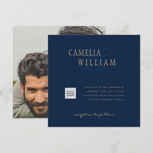 Chic Blauwe Foto Huwelijksuitnodiging QR Code Bewa Kaart (Voorkant / Achterkant)