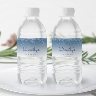 Chic Blauwe Glitter Drip 90ste Verjaardagsfeestje Waterfles Etiket