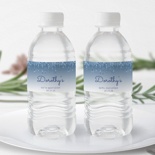 Chic Blauwe Glitter Drip 90ste Verjaardagsfeestje Waterfles Etiket