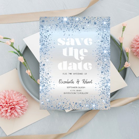 Chic Blauwe Glitter Stof Confetti Save The Date