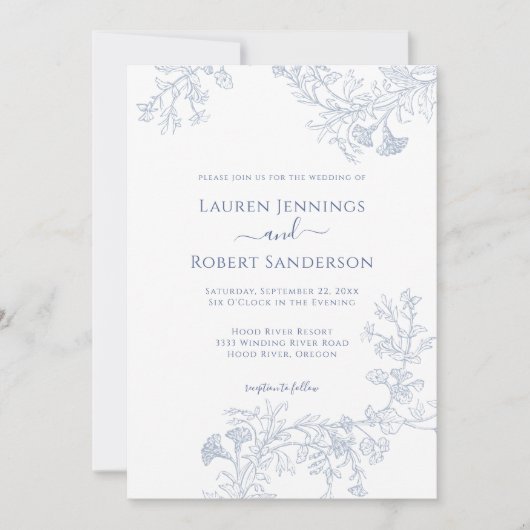 Chic Blauwe Lijn Getrokken Bloemen Huwelijk Kaart (Voorkant)