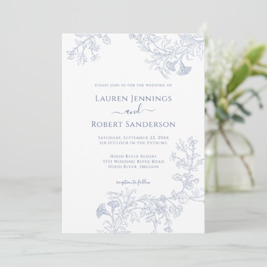 Chic Blauwe Lijn Getrokken Bloemen Huwelijk Kaart (Staand voorkant)