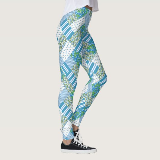 Chic Blauwe Morning Glory Nep-Patchwork Patroon Leggings (Rechts)