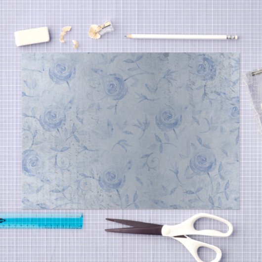 Chic Blauwe Rozen Bloemen Zilveren Glans Tissuepapier (Craft)
