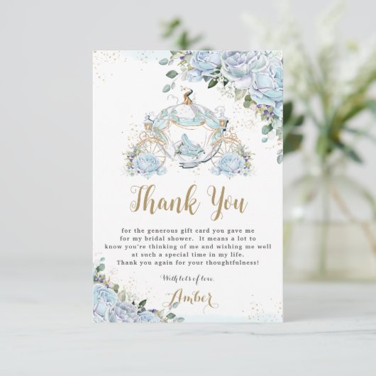 Chic Blauwe Rozen Prinses Koets Bruidsdouche Bedankkaart (Staand voorkant)