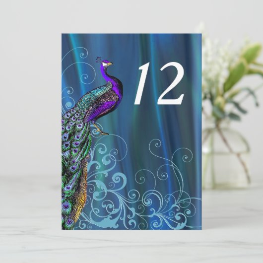 Chic blauwe satijnen uitziende trouwtafel nummerka kaart (Staand voorkant)