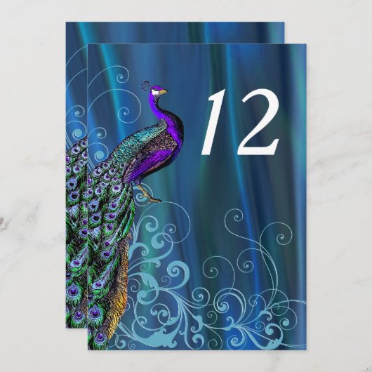 Chic blauwe satijnen uitziende trouwtafel nummerka kaart (Voorkant / Achterkant)