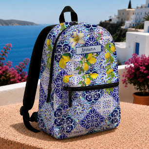 Chic blauwe Siciliaanse citrus bloemtegels collage Bedrukte Rugzak