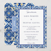 Chic blauwe tegel trouwdag elegant kaart (Voorkant / Achterkant)