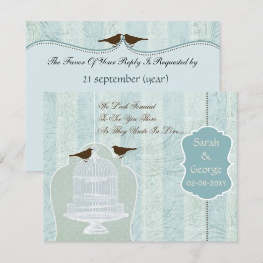Chic blauwe vogelkooi, liefdesvogels RSVP Kaartje (Voorkant / Achterkant)