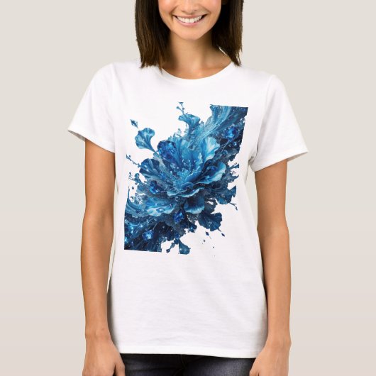 Chic Blauwe WATER FLOWERS Statement T-shirt (Voorkant)