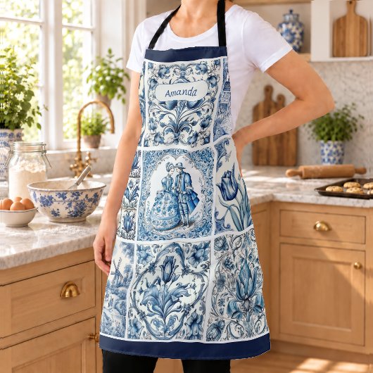 Chic blauwe witte frames toile de jouy monogram schort