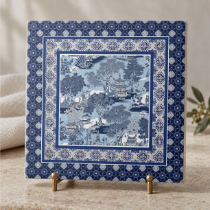Chic blauwe witte wilg chinoiserie toile monogram tegeltje
