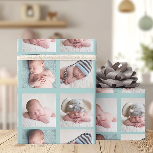 Chic Blauwgroen 4 Baby Foto Collage Aangepaste ver Cadeaupapier