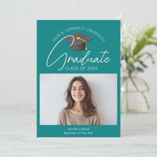 Chic Blauwgroen Afstuderen Foto 2025 Afstuderen Aankondiging (Staand voorkant)