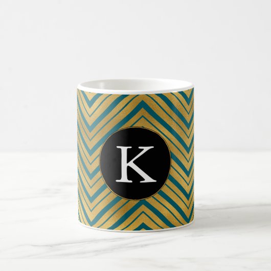 Chic Blauwgroen Blauw Goud Chevron Monogram Koffiemok (Center)