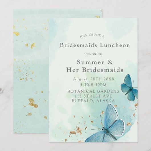 Chic Blauwgroen Blue Butterflies Bridesmaids Lunch Kaart (Voorkant / Achterkant)