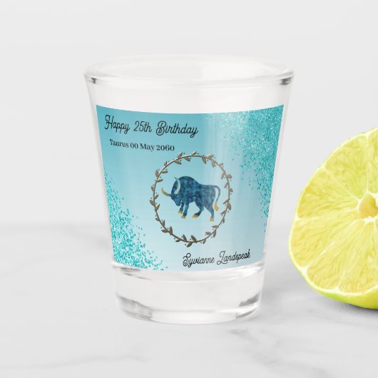 Chic Blauwgroen Blue Glitter & Taurus Zodiac Verja Shot Glas (Voorkant)