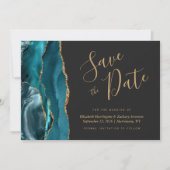 Chic Blauwgroen Blue Gold Agate Dark Save the Date Kaart (Voorkant)