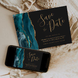 Chic Blauwgroen Blue Gold Agate Dark Save the Date Kaart