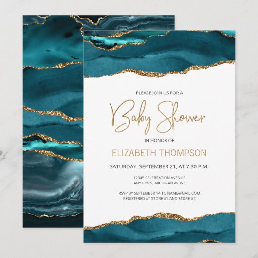 Chic Blauwgroen Blue Gold Agate Geode Baby shower (Voorkant / Achterkant)
