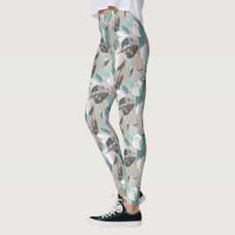 Chic Blauwgroen Blue Green Taupe Brown Leaves Patr Leggings