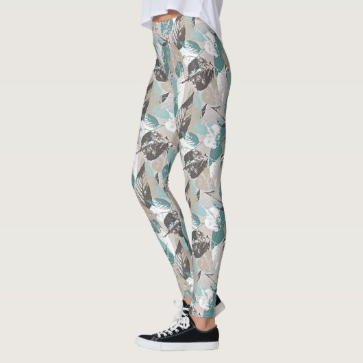 Chic Blauwgroen Blue Green Taupe Brown Leaves Patr Leggings (Links)