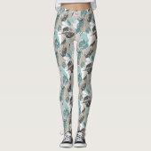 Chic Blauwgroen Blue Green Taupe Brown Leaves Patr Leggings (Voorkant)