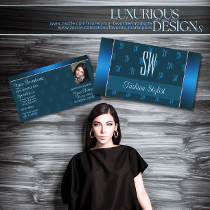 Chic Blauwgroen Blue met foto- en monogram-patroon Visitekaartje