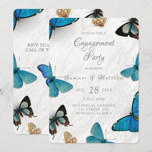 Chic Blauwgroen Blue Painted Butterfly Engagement  Kaart (Voorkant / Achterkant)