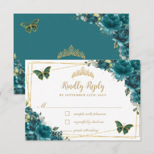 Chic Blauwgroen Cyan Floral Gold Butterflies Quinc RSVP Kaartje