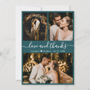 Chic Blauwgroen Elegant Script 3 Foto Collage Wedd Bedankkaart