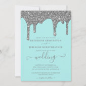 Chic Blauwgroen en Silver Glitter Drift Wedding Kaart (Voorkant)