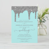 Chic Blauwgroen en Silver Glitter Drift Wedding Kaart (Staand voorkant)