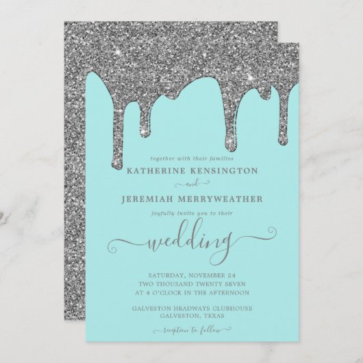 Chic Blauwgroen en Silver Glitter Drift Wedding Kaart (Voorkant / Achterkant)
