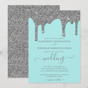 Chic Blauwgroen en Silver Glitter Drift Wedding Kaart