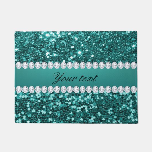 Chic Blauwgroen Faux Glitter en Diamonds Deurmat (Voorkant)